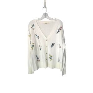 Woolovers Cardigan White Cable Knit Button Up Floral Print Embroidered Large